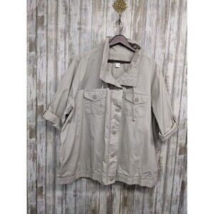 CJ Banks Khaki Jacket Roll Tab Sleeve Button Front Safari 3X 24/26W NWT $60